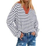 Camisa Polo Listrada De Manga Comprida Akewei Para Mulheres Branca Marinha Xl