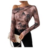 Camiseta Floerns, Plissada, Estampa De Mármore, Assimétrica, Feminina, Marrom