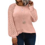 Camisa Feminina Eytino, Tamanho Grande, Gola Redonda, Renda, Manga Comprida, Rosa