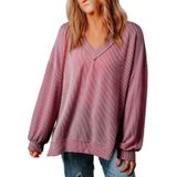 Camisa Feminina Evaless, Manga Comprida, Decote Em V, Grande, Roxa Escura