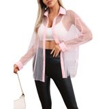 Blusa Feminina Milumia Listrada De Malha Transparente Com Botões Rosa Claro