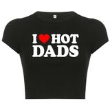 Camiseta Estampada Crop Top Woxlica I Heart Hot Dads Preta Para Mulheres