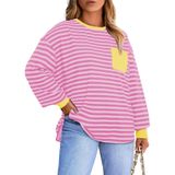 Camisa Feminina Eytino, Tamanho Grande, Manga Comprida, Gola Redonda, Listrada, Rosa