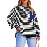 Camiseta Feminina Top Eytino Plus Size De Manga Comprida Listrada Solta