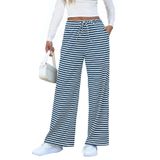 Calça De Moletom Evaless Wide Leg Feminina Com Listras Azuis E Brancas