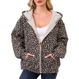 Jaqueta Feminina Com Capuz Eutten Com Estampa De Leopardo, Lã, Marrom