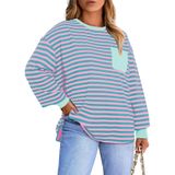 Camisa Feminina Eytino, Tamanho Grande, Manga Comprida, Gola Redonda, Listrada