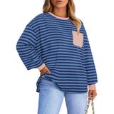 Camisa Feminina Eytino, Tamanho Grande, Manga Comprida, Gola Redonda, Listrada, Blu