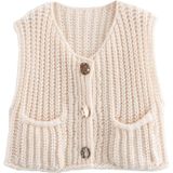 Colete De Suéter Himosyber Chunky Knit Crochet Button Beige Xs