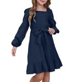 Vestido De Algodão Para Meninas, Estilo Outono, Manga Comprida, Tamanho 12-13 Anos, Azul Marinho
