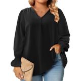 Blusas De Chiffon Eytino Femininas Plus Size De Manga Comprida Com Decote Em V Pretas
