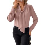 Blusa Feminina Casual Astylish, Gravata Borboleta, Manga Comprida, Rosa