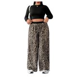 Calças Wdirara Com Estampa De Leopardo Plus Size Elástico De Cintura Alta