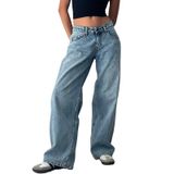 Calças Jeans De Perna Larga Yoawdats, Folgadas, De Cintura Baixa, Femininas