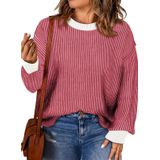 Suéter Feminino Eytino Plus Size Com Gola Redonda, Listras Vermelhas, 3x