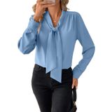 Blusa Astylish Feminina Casual De Manga Comprida, Gravata Borboleta Azul