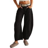 Jeans Hotian Barrel Femininos, Pernas Largas, Cintura Baixa, Pretos