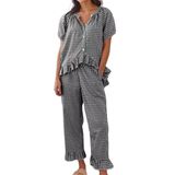 Conjunto De Pijama Codcm Feminino De Guingão, Manga Curta, Preto
