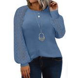 Camisa Feminina Eytino, Tamanho Grande, Gola Redonda, Renda, Manga Comprida, Azul