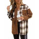 Camisa Feminina Elegante De Veludo Cotelê Xadrez, Cor Marrom