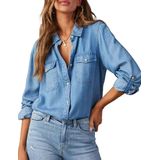 Camisa Jeans Tureau Feminina De Manga Comprida Com Botões Azul