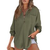 Camisa Feminina Elegante Henley, Manga Comprida, Decote Em V, Verde Waffle, Musgo
