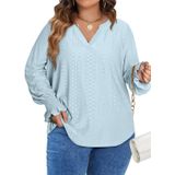 Blusa Feminina Eytino Plus Size, Manga Comprida, Decote Em V, Azul, 1x