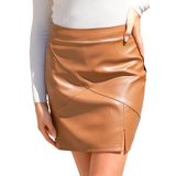 Mini Saia De Couro, Moda, Cintura Alta, Marrom, Feminina