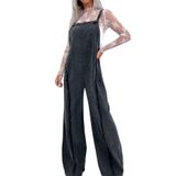 Macacão Feminino Chartou, Jeans, Folgado, Perna Larga, Preto