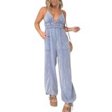 Macacão Feminino Utcoco, Jeans, Sem Mangas, Perna Larga, Azul Claro