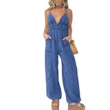 Macacão Jeans Utcoco Sem Mangas, Perna Larga, Para Mulheres, Azul Escuro