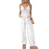 Macacão Jeans Utcoco Sem Mangas, Perna Larga, Para Mulheres, Branco