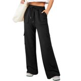 Calça De Moletom Aleumdr, Perna Larga, Cintura Alta, Cargo, Negra, Feminina