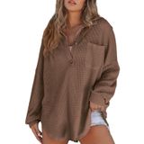Camisa Feminina Elegante Henley, Manga Comprida, Decote Em V, Café, Xxl