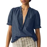 Camisa Feminina Locachy Com Meio Botão, Gola Simulada, Jeans Azul Escuro L