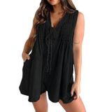 Macacão Jeans Feminino, Shorts, Sem Mangas, Gravata Frontal