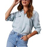 Camisa Jeans Feminina Tureau De Manga Comprida Com Botões Em Azul Claro