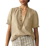 Camisa Feminina Locachy Com Meio Botão, Gola Simulada, Jeans Cáqui L