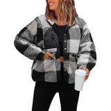 Jaqueta Feminina Sherpa Button Down Fuzzy Fleece Preta E Cinza