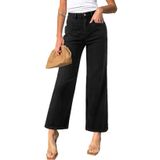 Jeans Sidefeel, Perna Larga, Cintura Alta, Elástica, Preta, Feminina