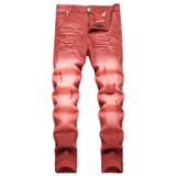 Jeans Masculinos Hengao, Elásticos, Justos, Finos, Rasgados, Vermelhos 48