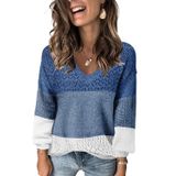 Suéter Fekoafe Color Block Com Decote Em V Azul De Crochê Para Mulheres