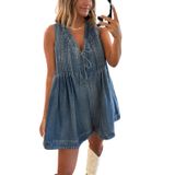 Macacão Jeans Feminino Sem Mangas Com Decote Em V E Bolso