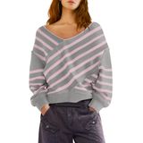 Suéter Feminino Panadila, Listrado Sem Ombros, Decote Em V, Cinza, Rosa