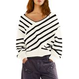 Suéter Feminino Panadila, Listrado Sem Ombros, Decote Em V, Branco, Preto