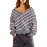 Suéter Feminino Panadila, Listrado Sem Ombros, Decote Em V, Cinza, Roxo