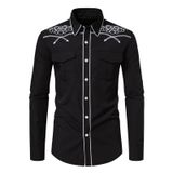Camisa Masculina Kissqiqi Western Cowboy Bordada Slim Fit Preta