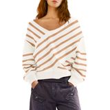 Suéter Feminino Panadila, Listrado Sem Ombros, Decote Em V, Branco, Cáqui
