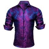 Camisa Masculina Yohowa Paisley Floral Silk Business Roxo Azul