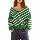 Suéter Feminino Panadila, Listrado Sem Ombros, Decote Em V, Verde, Bege